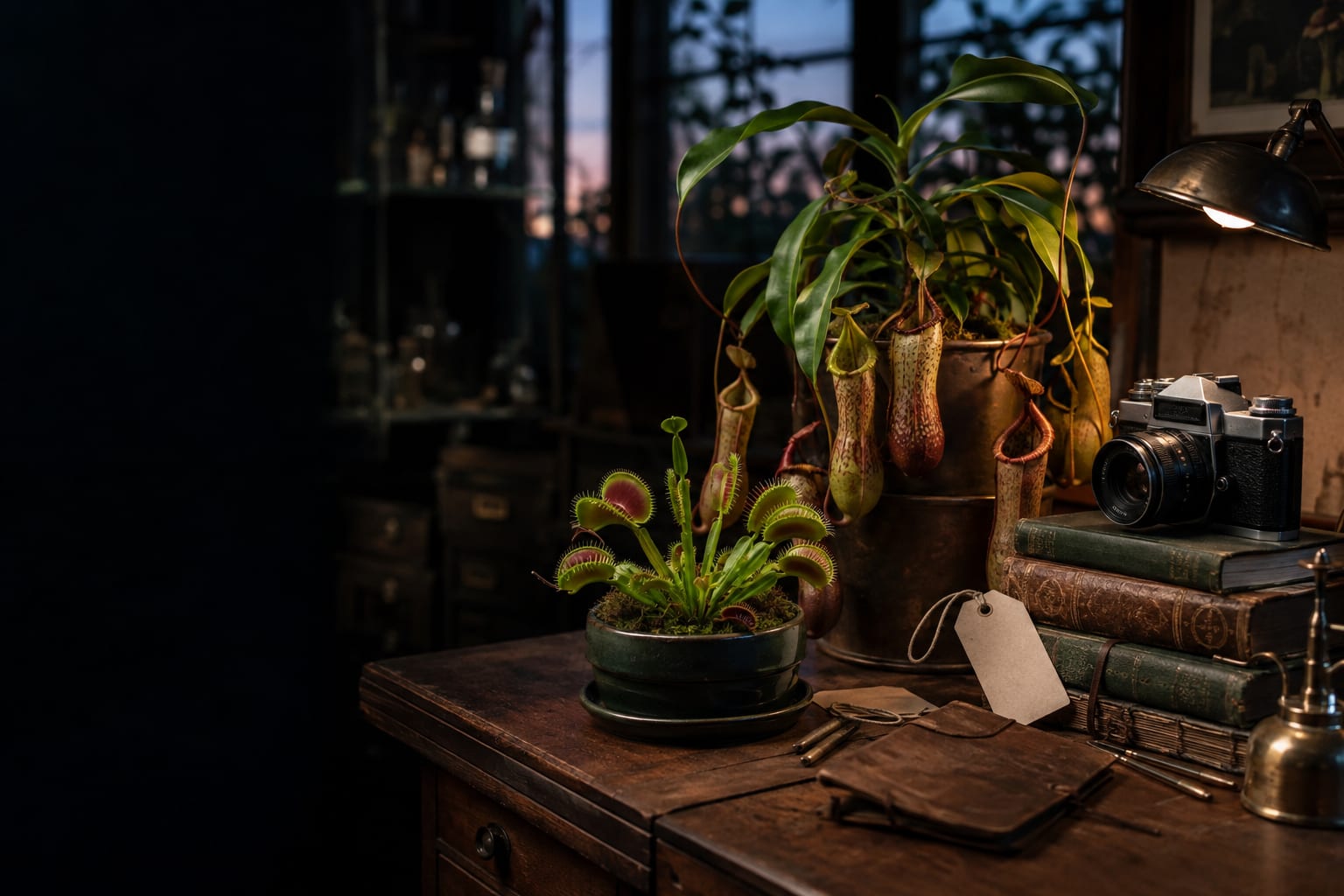 Carnivorous plants, a film camera, and old books arranged on a naturalist's desk at dusk